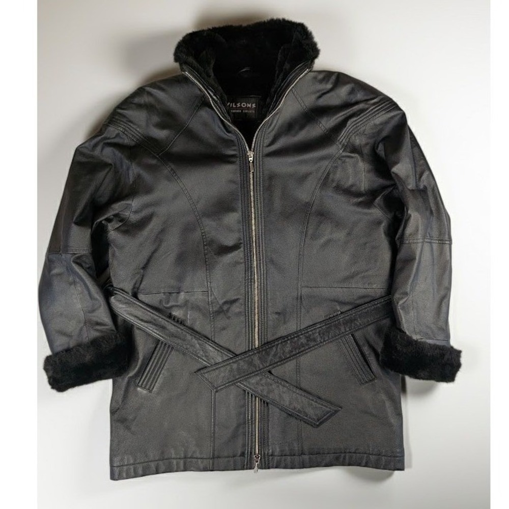 Wilsons Leather Black Faux Fur Lined Belted Zip Front Jacket Women's S